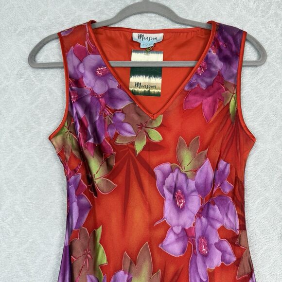 Monsoon Silk Blend Slip Dress US 8 UK 10 Pink Red Floral Maxi Bias Cut Romantic - Picture 2 of 12